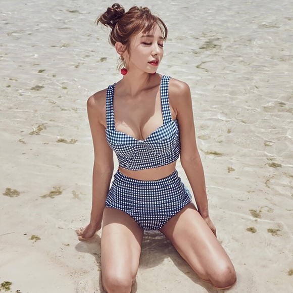 NEW Blue/White Gingham Push-Up High Waist Two Piece Bikini - Picture 5 of 7